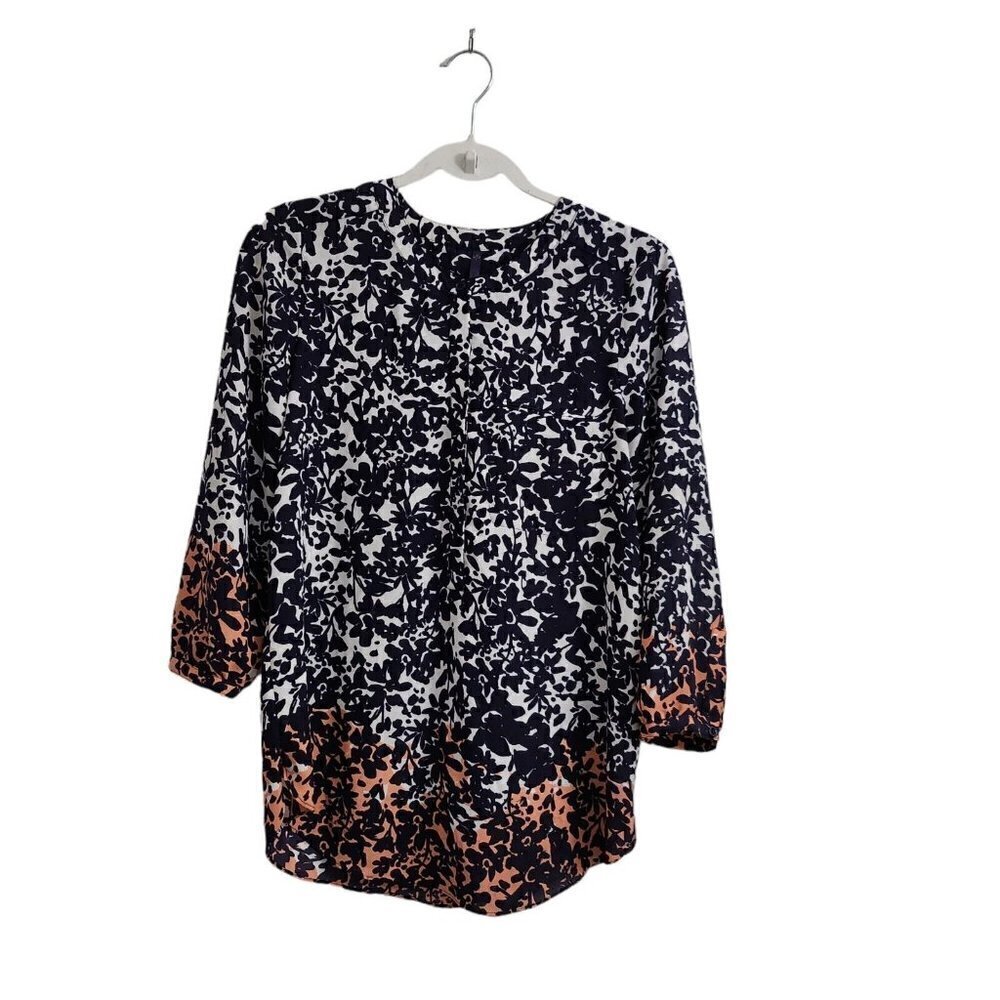 NYDJ Blouse Small Blue Floral Print Henley Pleated Back 3/4‎ Sleeve Top Boho